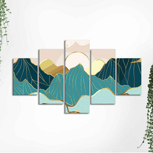 Gold Mountain Landscape Line art with Sunrise Background 5 Pieces Wall Painting