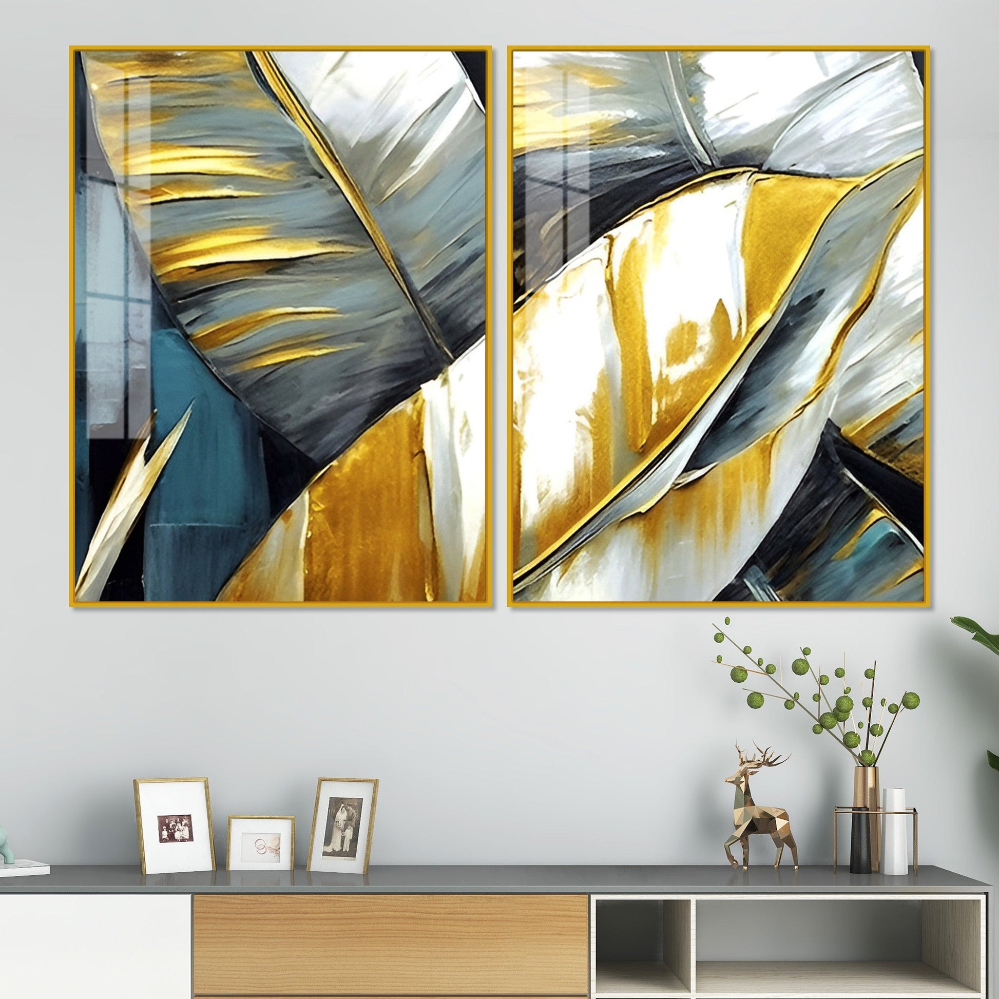 Golden Abstract Art Acrylic Floating Wall Painting Set of 2