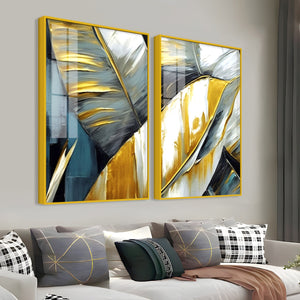 Golden Abstract Art Acrylic Floating Wall Painting Set of 2