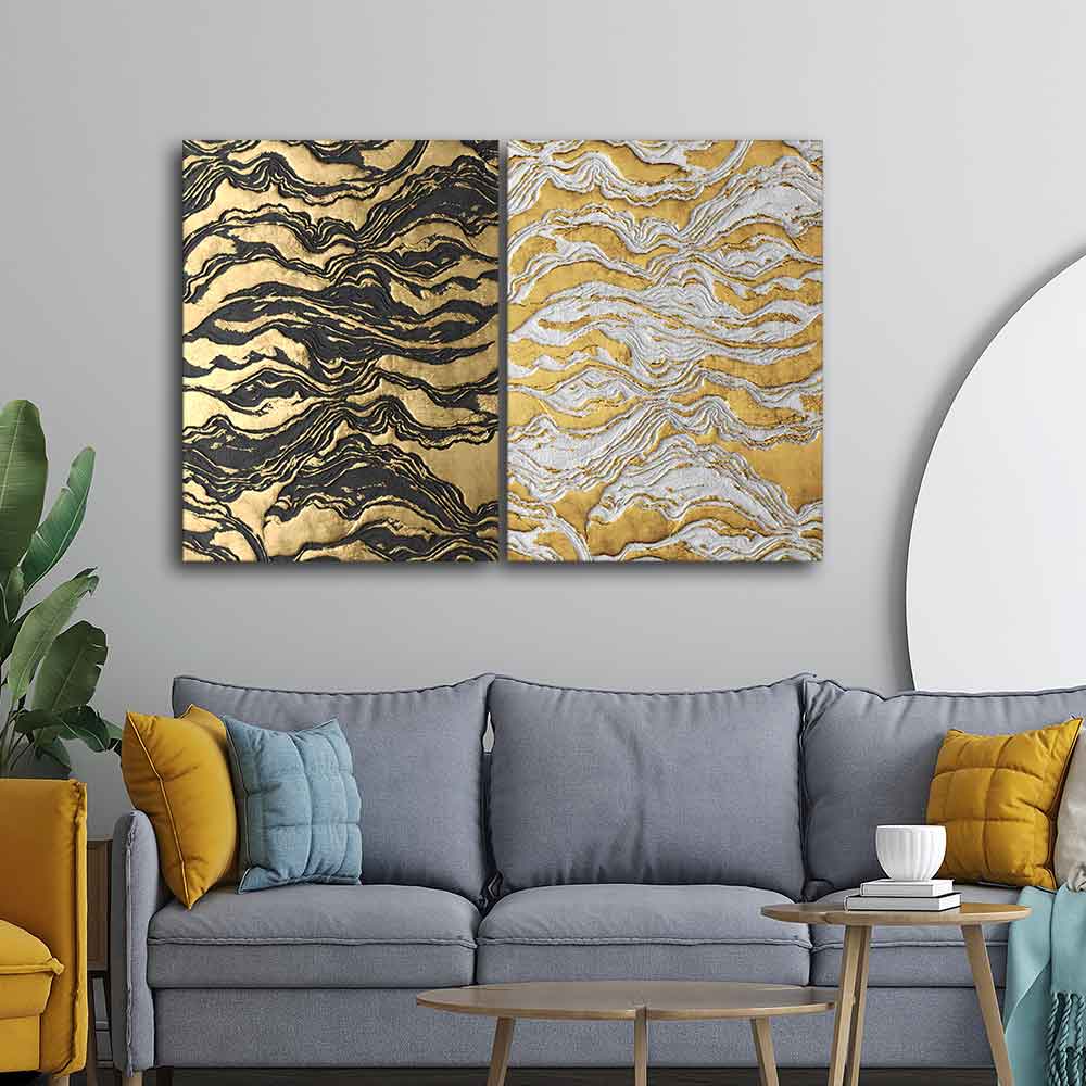 Golden Abstract Art Canvas Wall Painting of Two Pieces