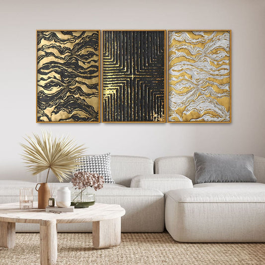 Golden Abstract Art Floating Canvas Wall Painting Set of Three