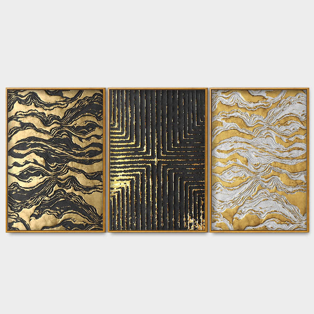 Golden Abstract Art Floating Canvas Wall Painting Set of Three