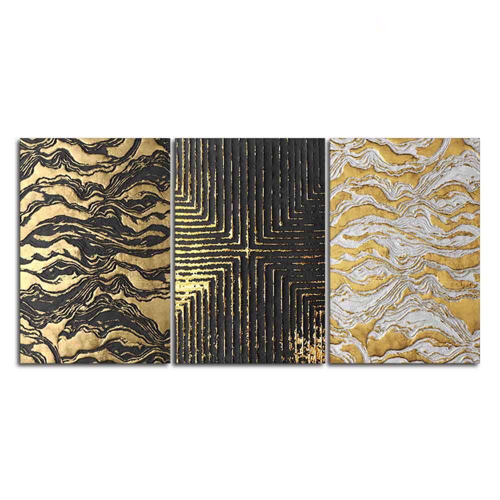 Golden Abstract Art Wall Painting of 3 Pieces