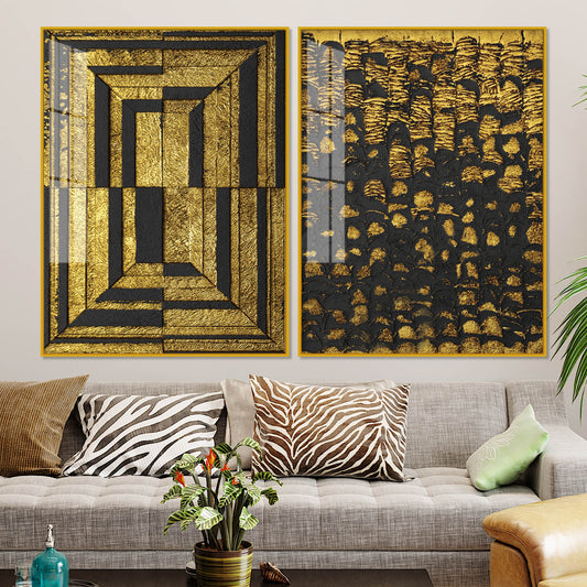 Golden Abstract Artistic Shapes Art Acrylic Floating Wall Painting Set Of 2