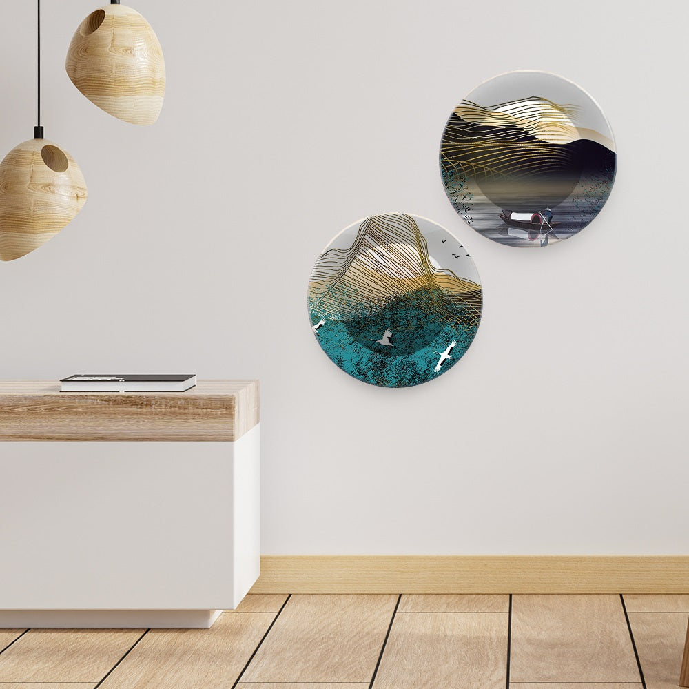 Golden Abstract Line Art Scenery Wall Hanging Plates of Two Pieces