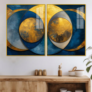 Golden Abstract Modern Circle Acrylic Floating Wall Painting Set of Two Pieces