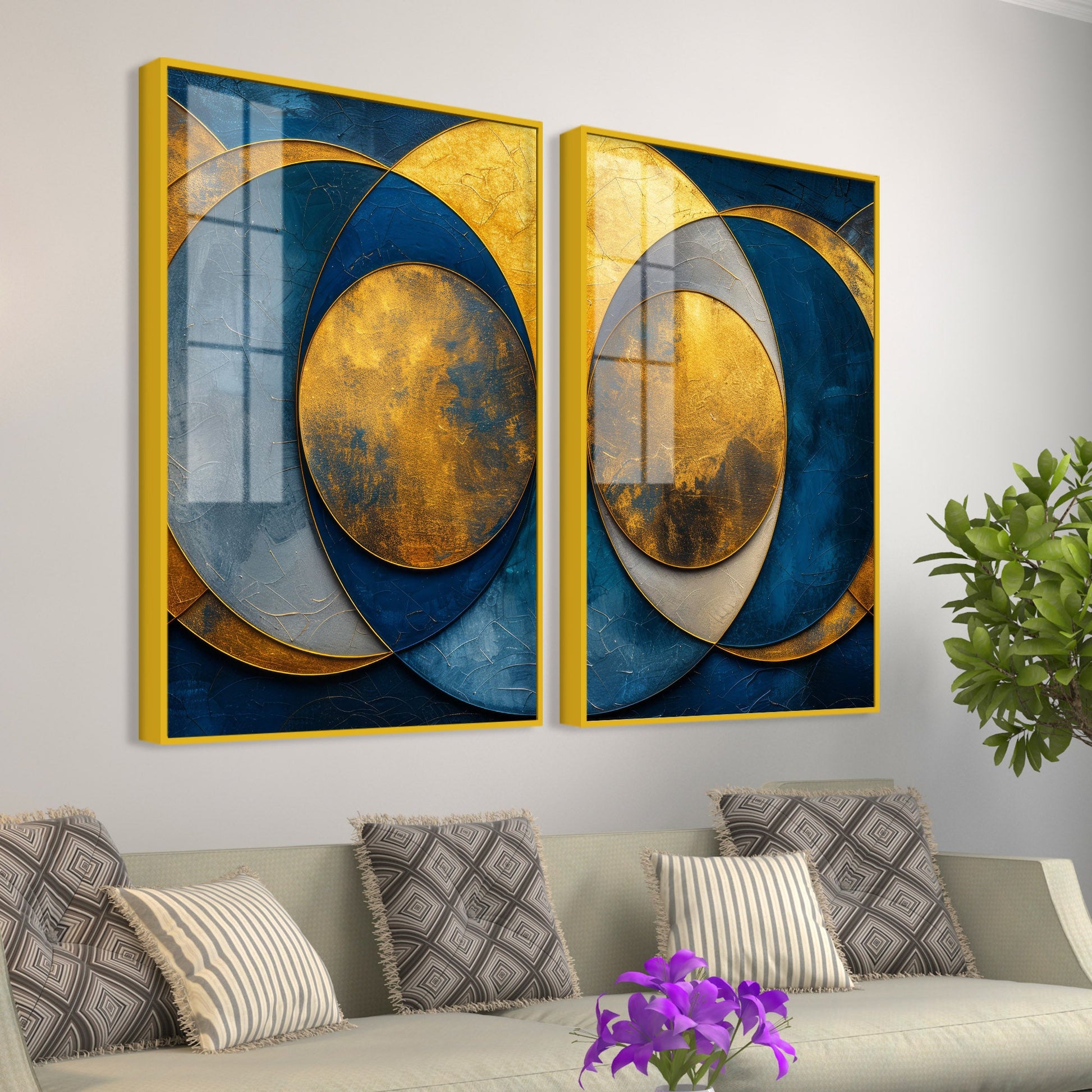 Golden Abstract Modern Circle Acrylic Floating Wall Painting Set of Two Pieces