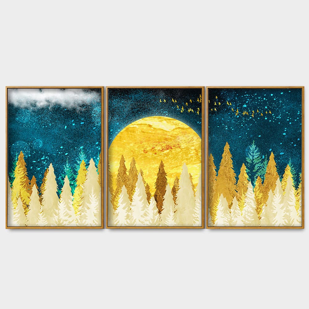 Golden Abstract Tree Premium Canvas Floating Canvas Wall Painting Set of Three