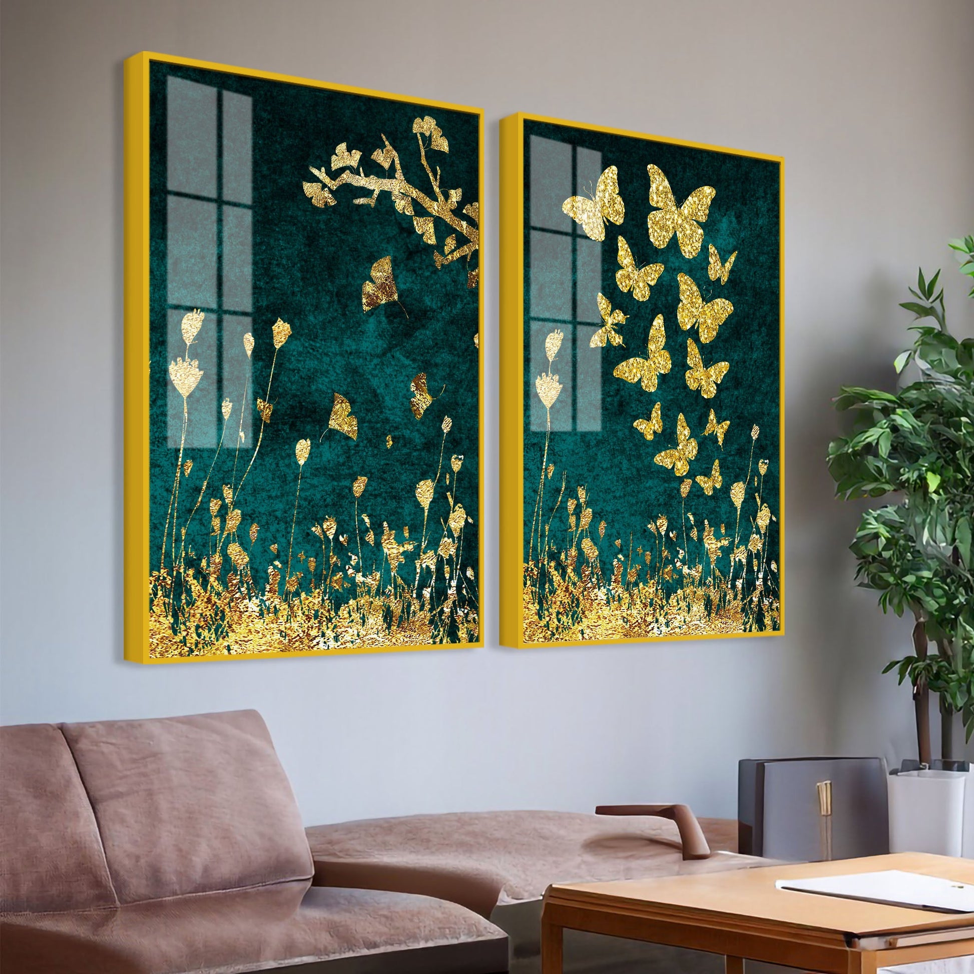 Golden Birds Flying Floating Acrylic Wall Painting Set of 2