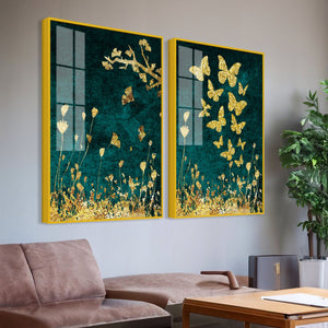 Golden Birds Flying Floating Acrylic Wall Painting Set of 2