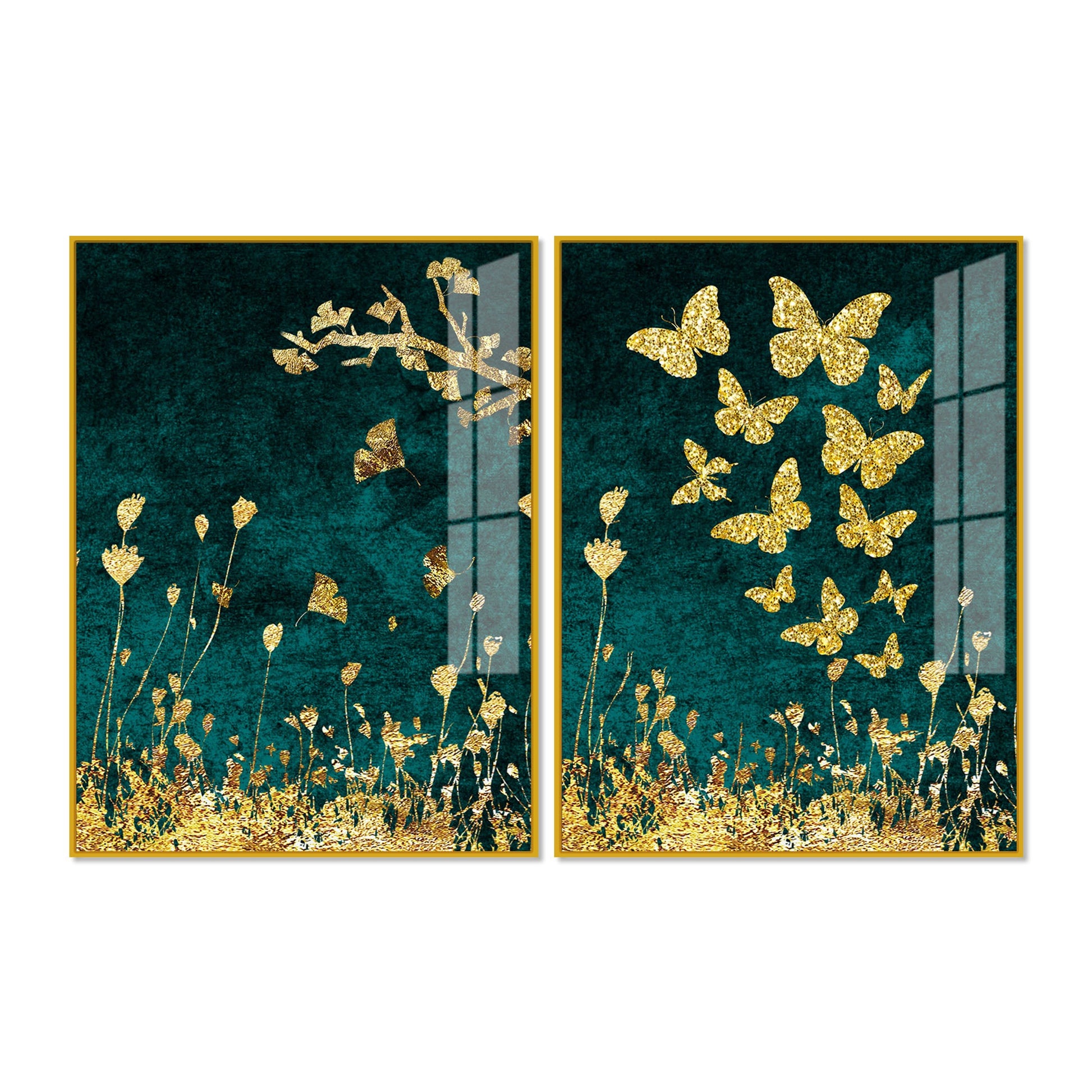 Golden Birds Flying Floating Acrylic Wall Painting Set of 2