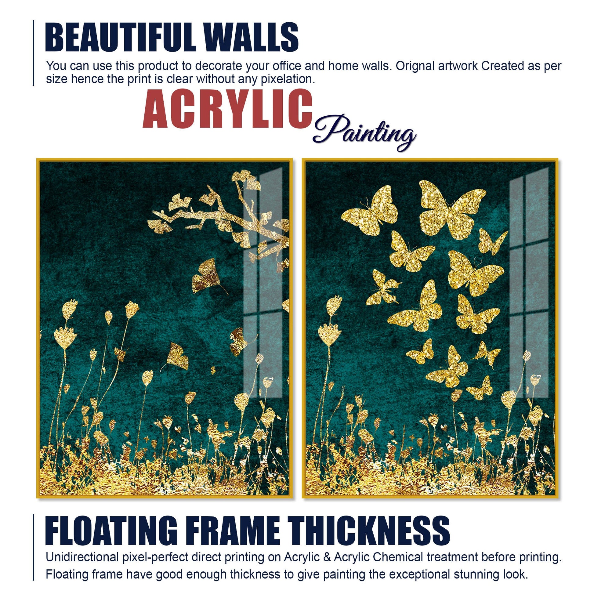 Golden Birds Flying Floating Acrylic Wall Painting Set of 2