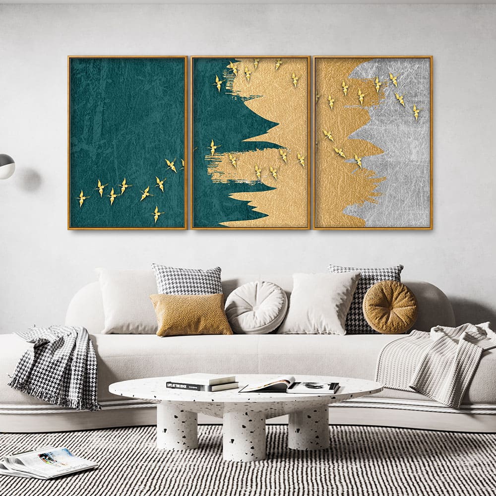 Golden Birds Flying Luxurious Art Premium Floating Canvas Wall Painting Set of Three