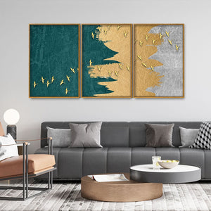 Golden Birds Flying Luxurious Art Premium Floating Canvas Wall Painting Set of Three