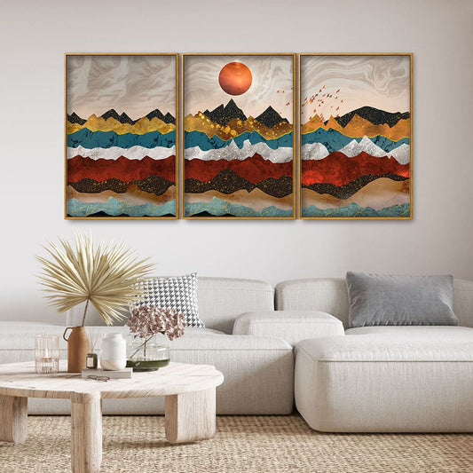 Golden Birds Flying Over Colorful Mountains Floating Canvas Wall Painting Set of Three