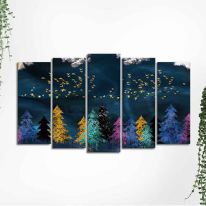 Golden Birds Flying over The Dark Forest Wall Painting of Five Pieces