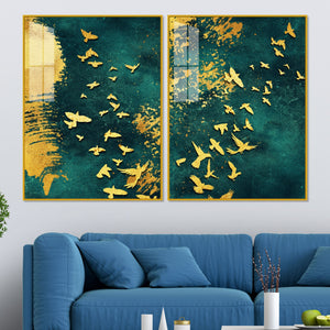 Golden Birds Group Flying Floating Acrylic Wall Painting Set of 2