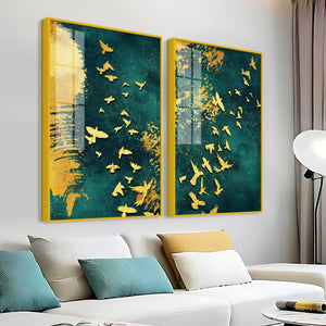 Golden Birds Group Flying Floating Acrylic Wall Painting Set of 2