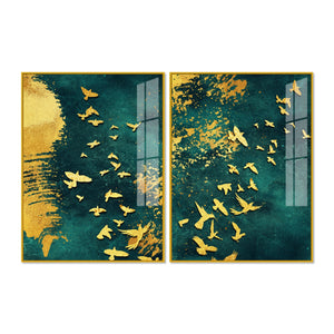 Golden Birds Group Flying Floating Acrylic Wall Painting Set of 2