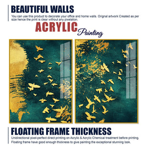 Golden Birds Group Flying Floating Acrylic Wall Painting Set of 2