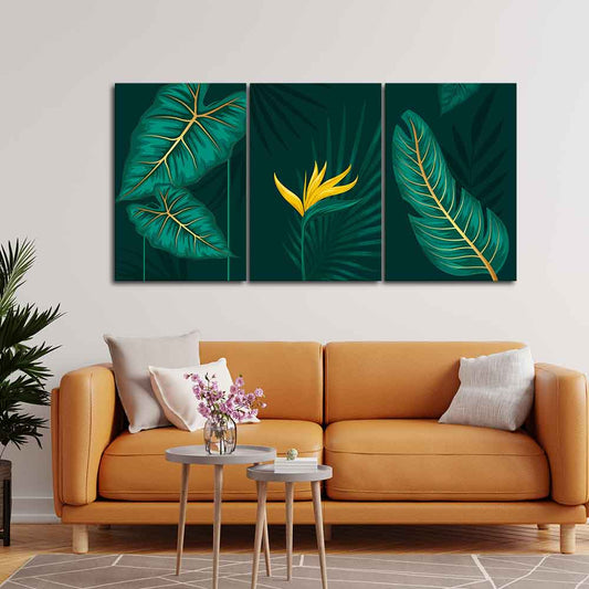 Golden Botanical Leaves and Flower Wall Painting of 3 Pieces