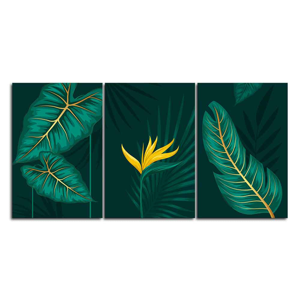 Golden Botanical Leaves and Flower Wall Painting of 3 Pieces