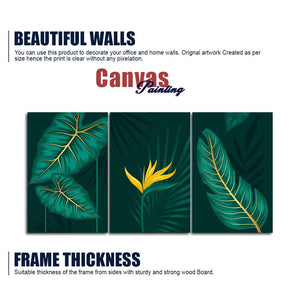 Golden Botanical Leaves and Flower Wall Painting of 3 Pieces