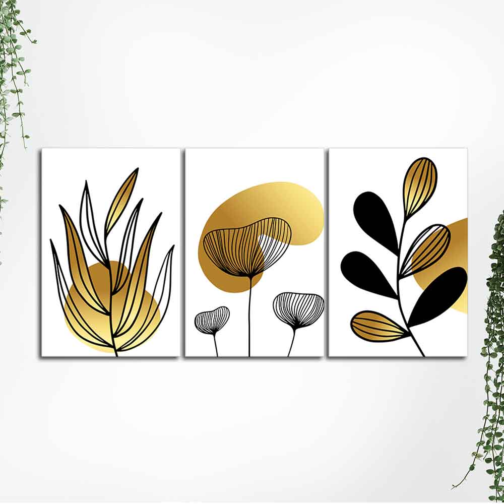 Golden Botanical Line Art Canvas Wall Painting 3 Pieces