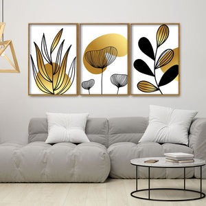 Golden Botanical Line Art Floating Canvas Wall Painting Set of Three