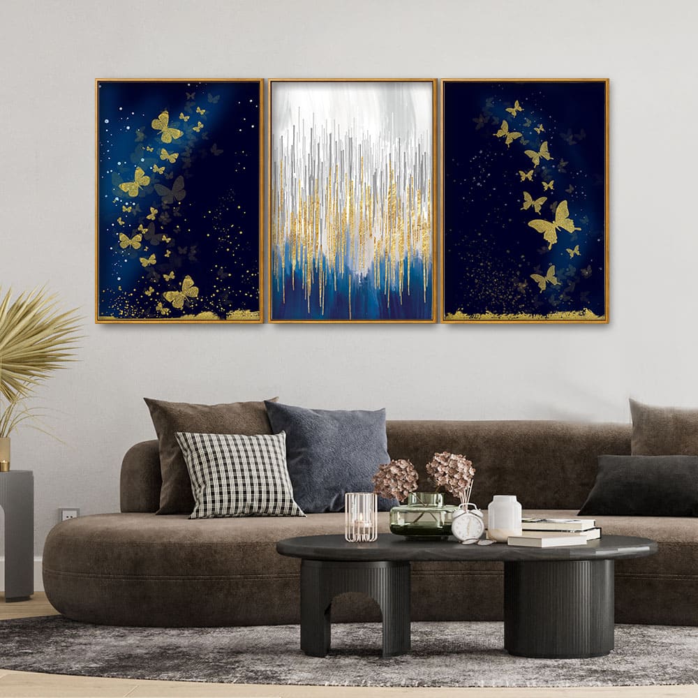 Golden Butterflies Floating Canvas Wall Painting Set of Three