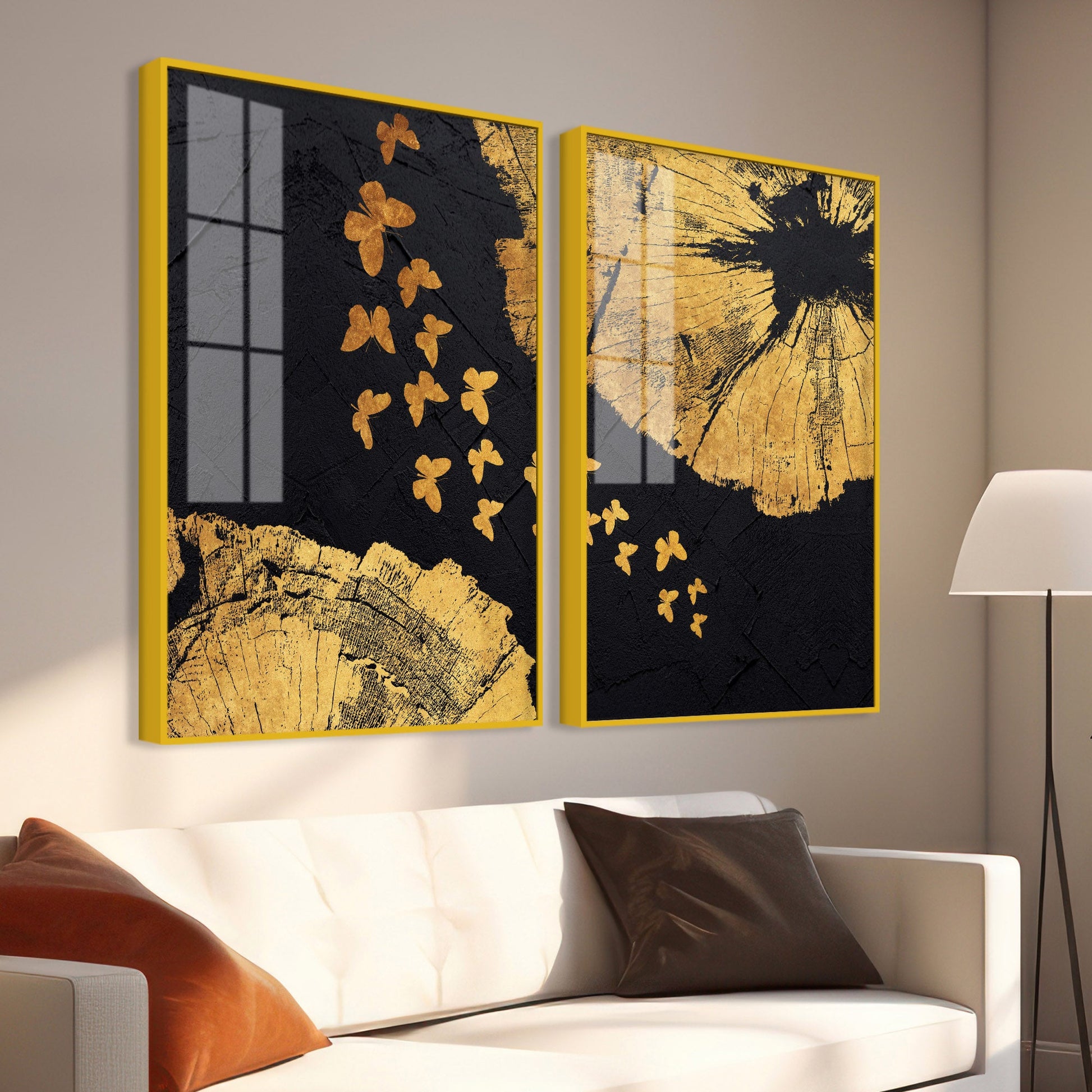 Golden Butterflies Flying Acrylic Floating Wall Painting Set of 2