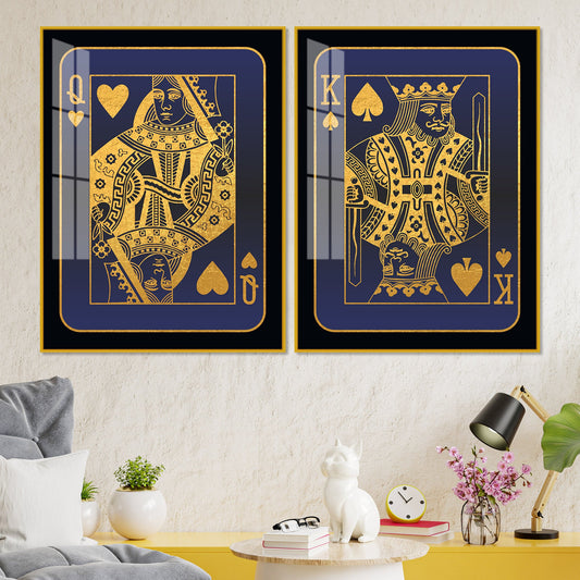 Golden Card of King and Queen Acrylic Floating Wall Painting Set of 2