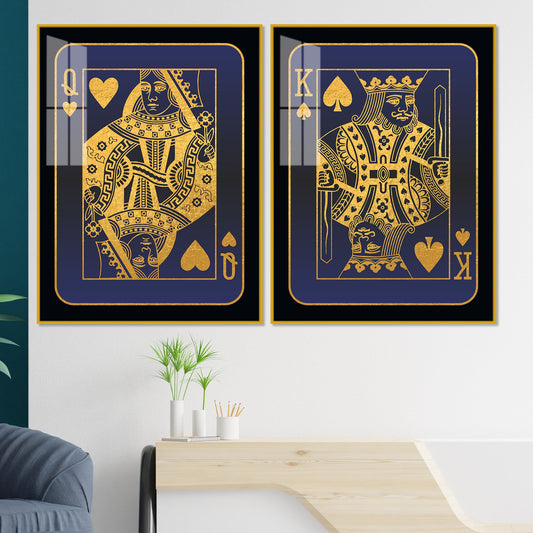 Golden Card of King and Queen Acrylic Floating Wall Painting Set of 2