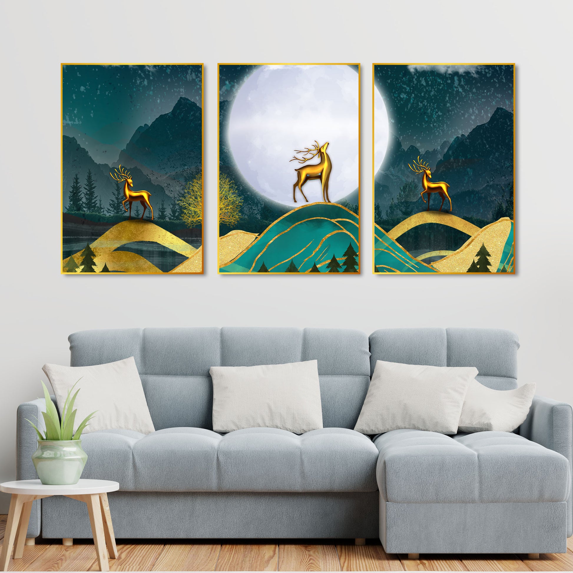 Golden Deer Floating Canvas Wall Painting Set of Three