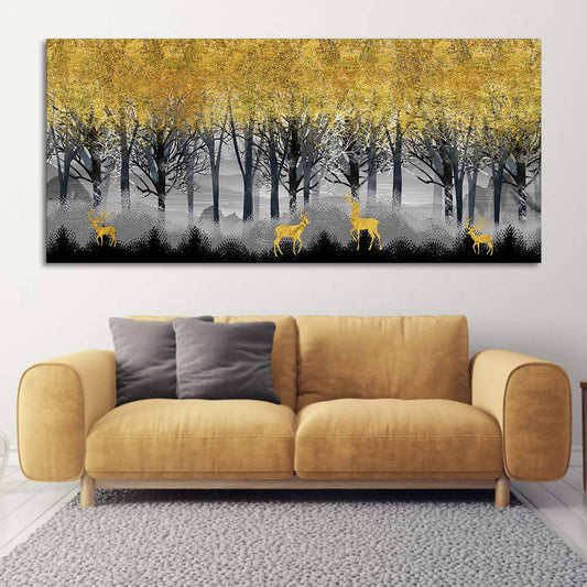 Golden Deer in Dark Forest Canvas Wall Painting