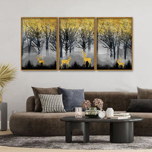 Golden Deers in Dark Forest Premium Floating Canvas Wall Painting Set of Three