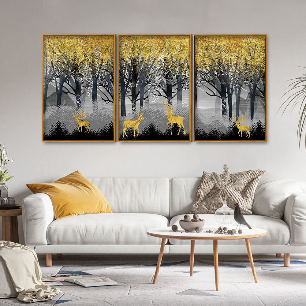 Golden Deers in Dark Forest Premium Floating Canvas Wall Painting Set of Three