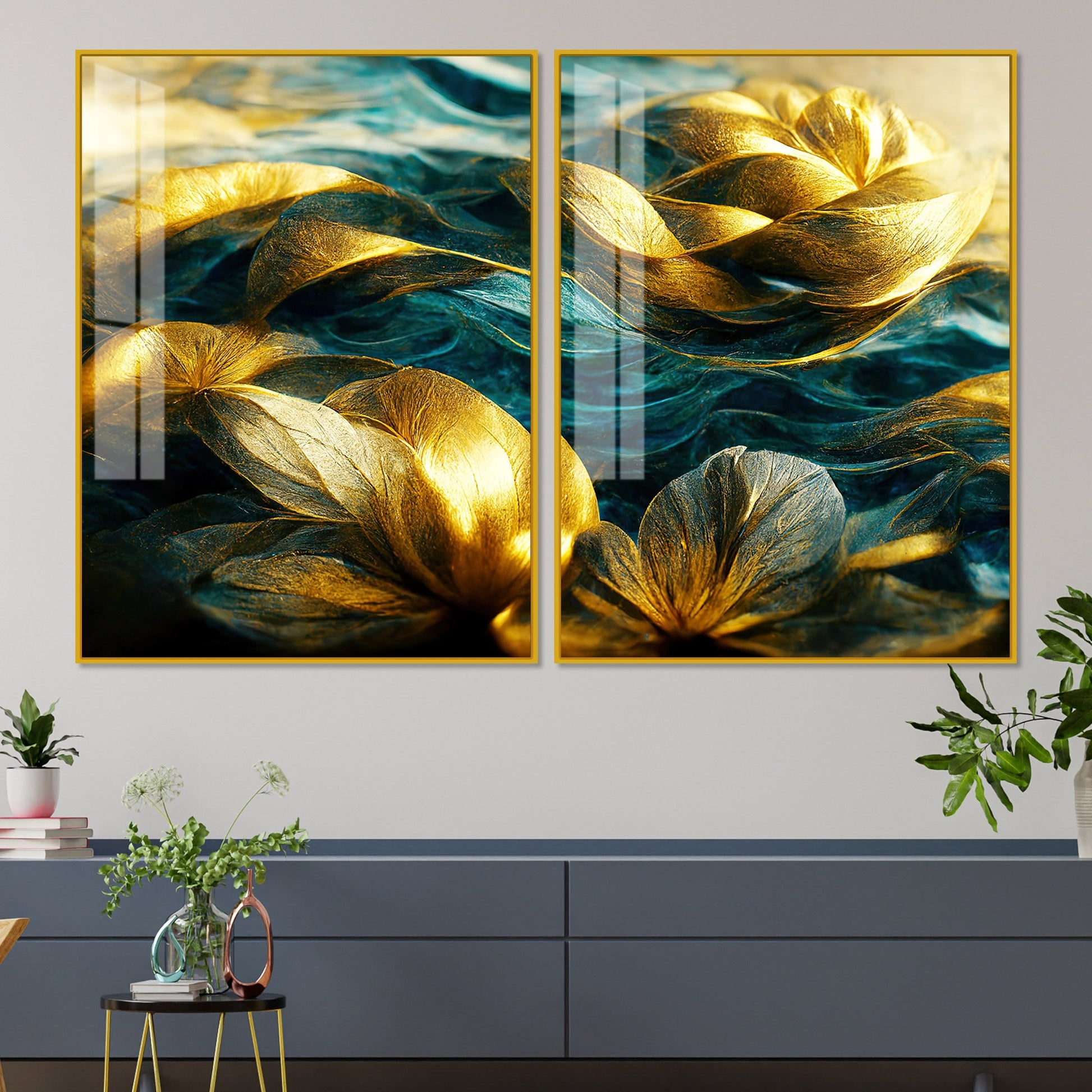 Golden Dreamy Flower Acrylic Floating Wall Painting Set of 2