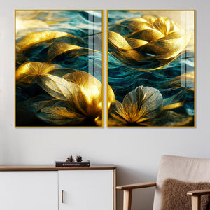 Golden Dreamy Flower Acrylic Floating Wall Painting Set of 2