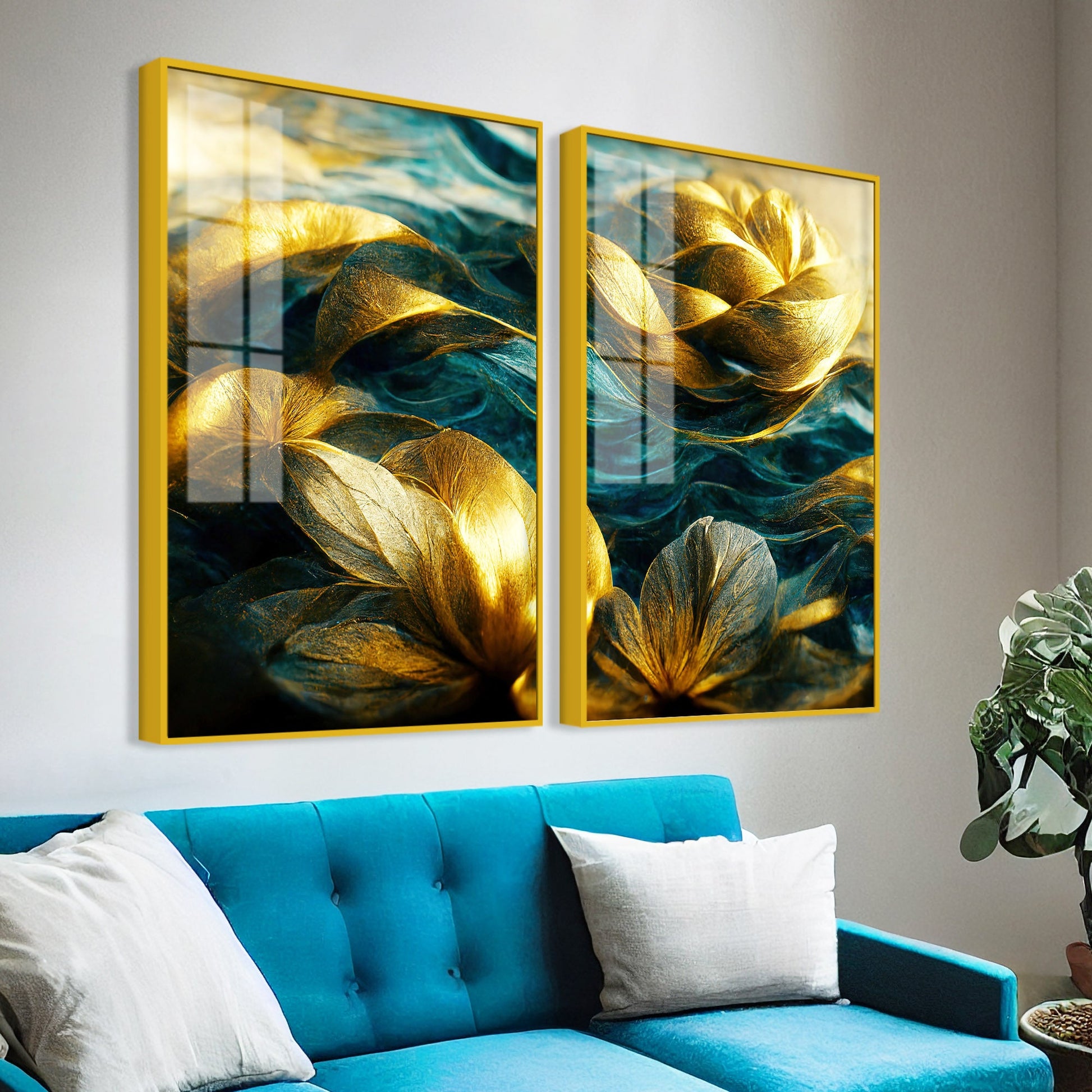 Golden Dreamy Flower Acrylic Floating Wall Painting Set of 2