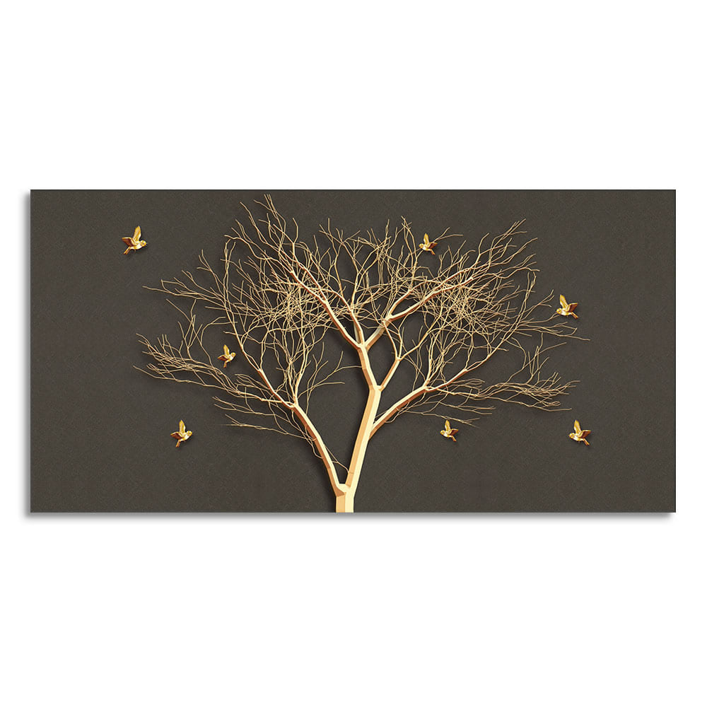 Golden Embossed Tree With Golden Birds Premium Canvas Wall Painting