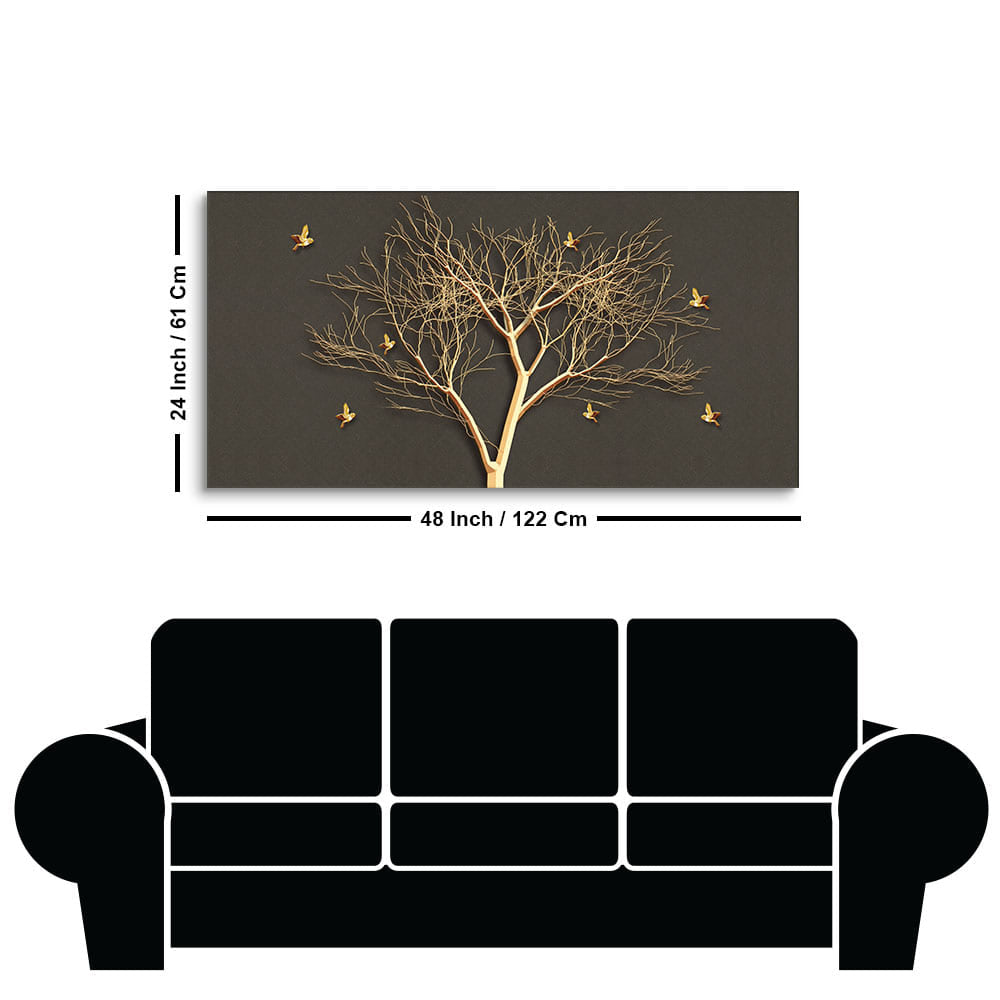 Golden Embossed Tree With Golden Birds Premium Canvas Wall Painting