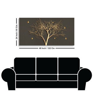 Golden Embossed Tree With Golden Birds Premium Canvas Wall Painting