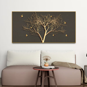 Golden Embossed Tree With Golden Birds Premium Canvas Wall Painting