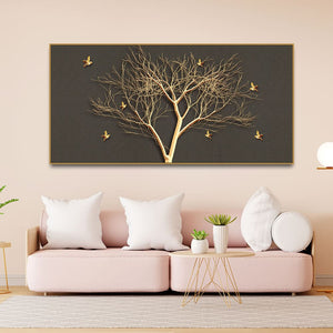 Golden Embossed Tree With Golden Birds Premium Canvas Wall Painting