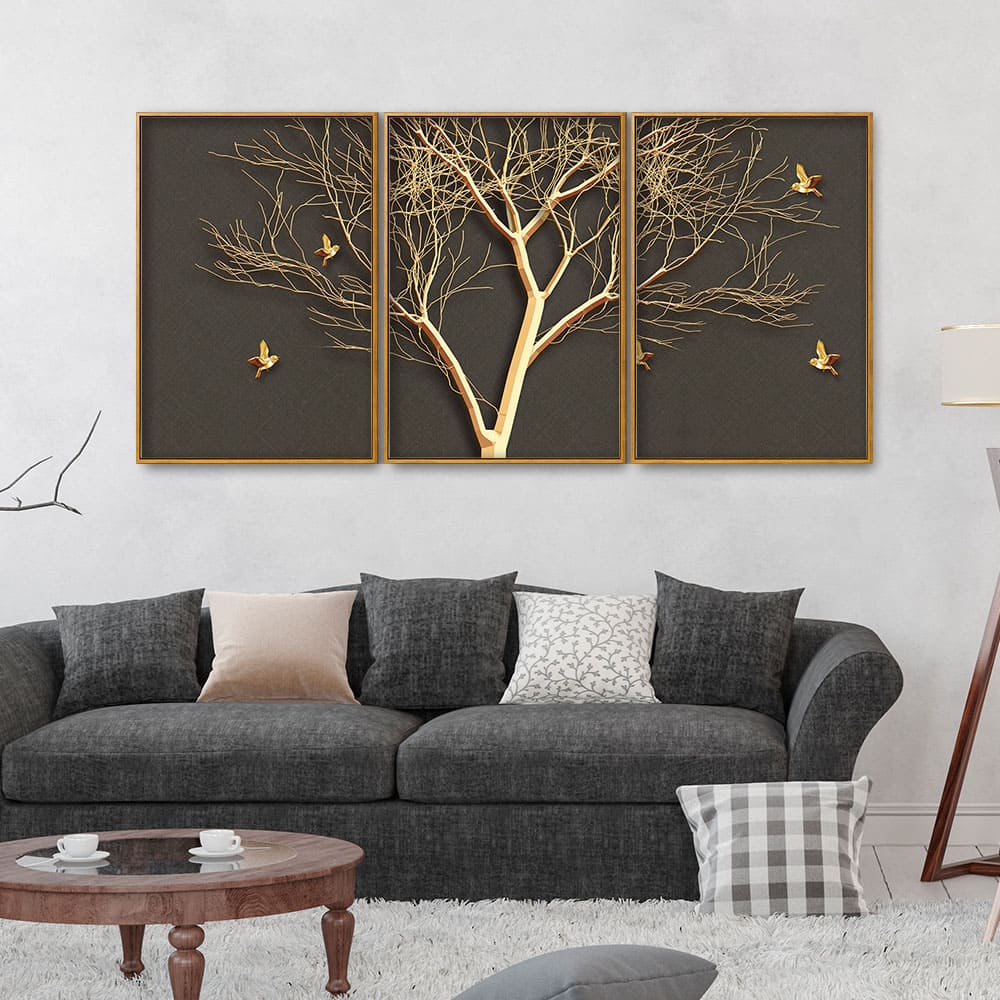 Golden Embossed Tree with Golden Birds Premium Floating Canvas Wall Painting Set of Three