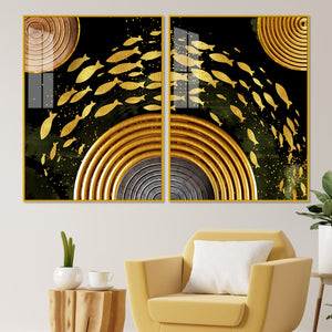 Golden Fishes Acrylic Floating Wall Painting Set of 2