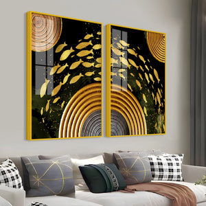 Golden Fishes Acrylic Floating Wall Painting Set of 2