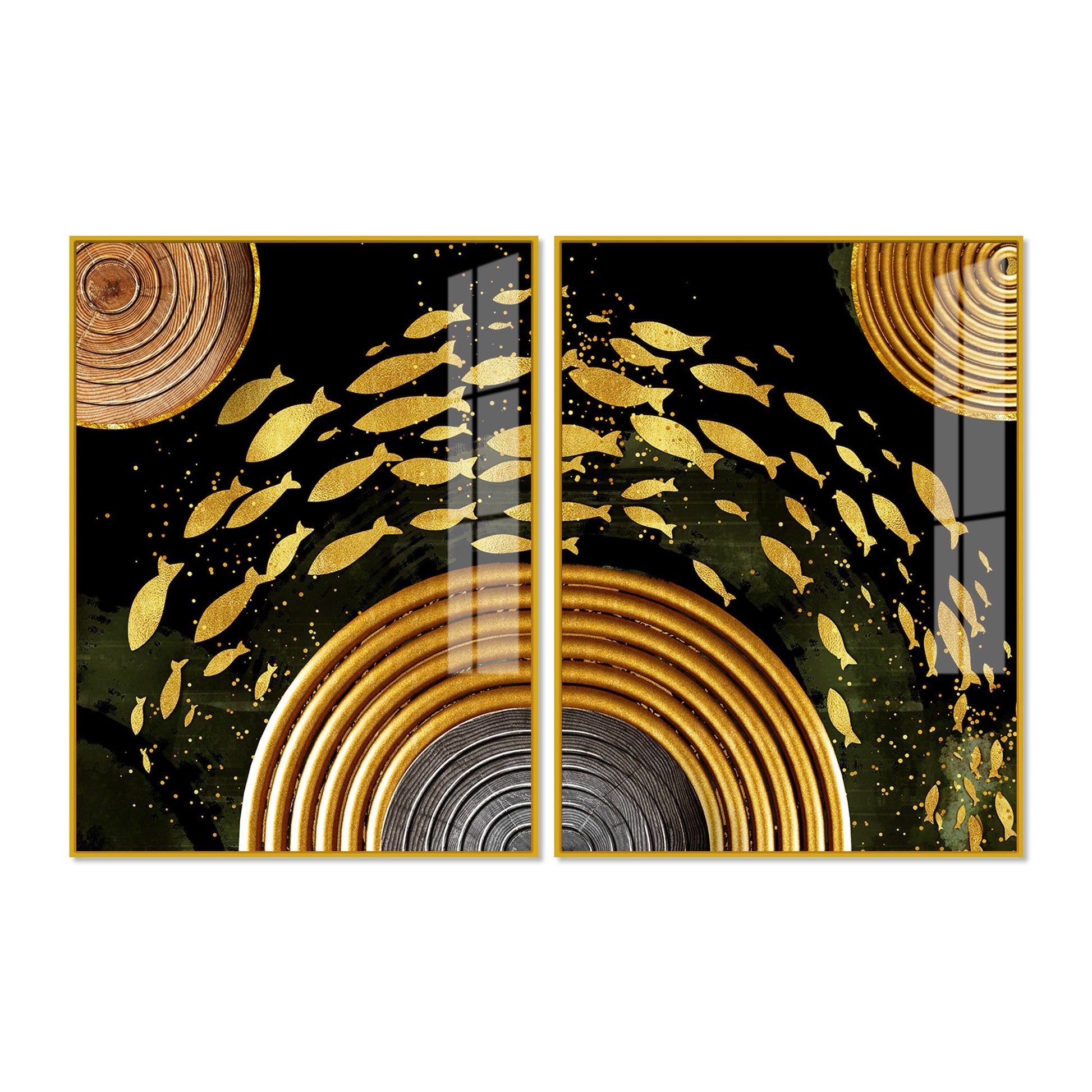 Golden Fishes Acrylic Floating Wall Painting Set of 2