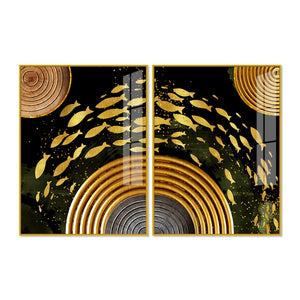 Golden Fishes Acrylic Floating Wall Painting Set of 2